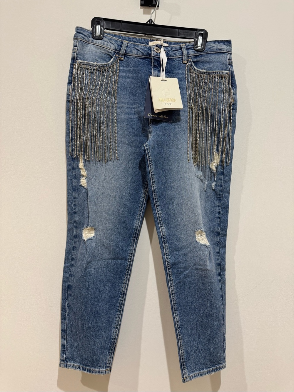 FRACOMINA women’s Blue Distressed Boyfriend Jeans rhinestone fringe SZ 27 NWT